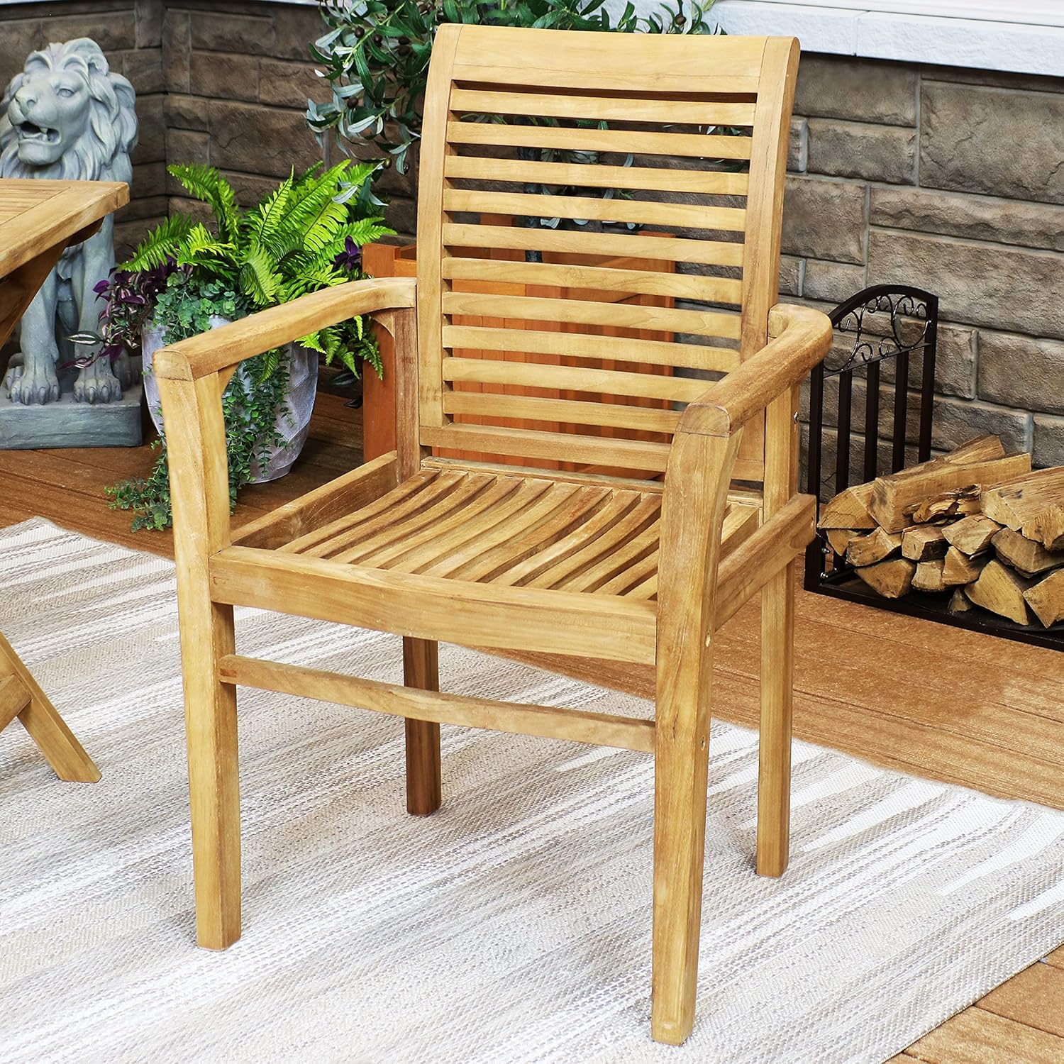 Sunnydaze Solid Teak Outdoor Dining Chair –Durable Wood Slatted Patio Chair with Arms for Backyard, Deck, & Patio - Light Brown Wood Stain Finish