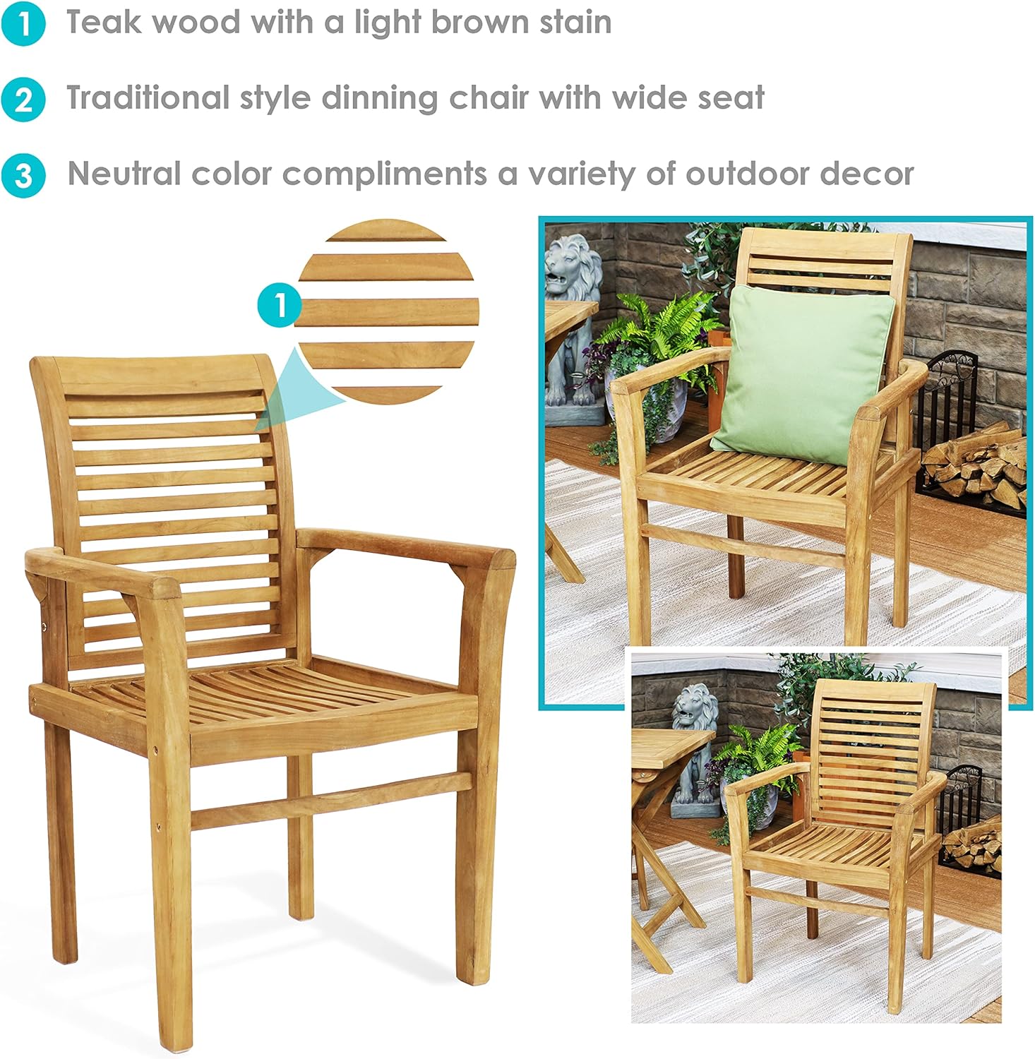 Sunnydaze Solid Teak Outdoor Dining Chair –Durable Wood Slatted Patio Chair with Arms for Backyard, Deck, & Patio - Light Brown Wood Stain Finish