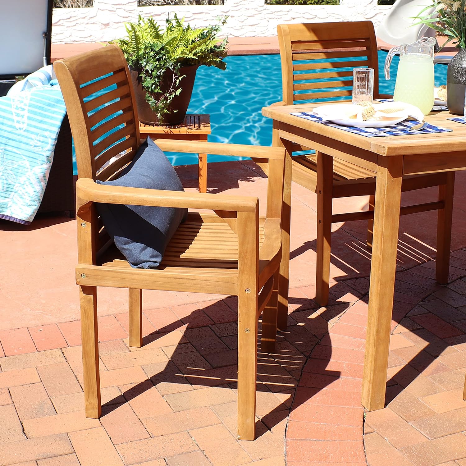 Sunnydaze Solid Teak Outdoor Dining Chair –Durable Wood Slatted Patio Chair with Arms for Backyard, Deck, & Patio - Light Brown Wood Stain Finish