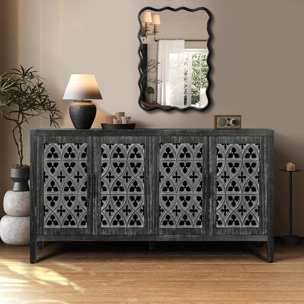 roomfitters Retro TV Stand, Four Door Antique Buffet Cabinet, Rustic Country Style, Ideal for Living Room, Bedroom Kitchen, Black
