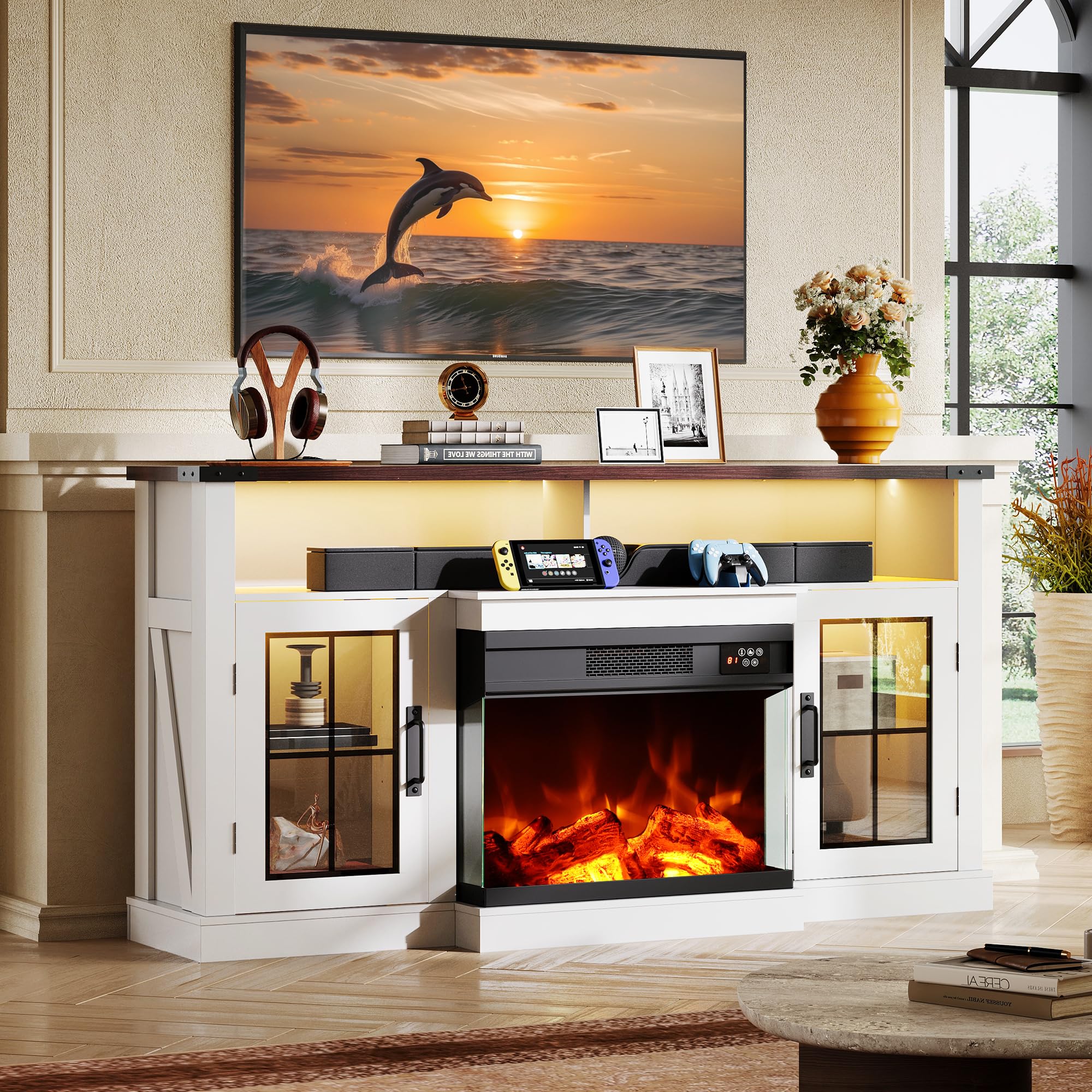 WLIVE Farmhouse TV Stand for 65 Inch TV, Tall Entertainment Center with LED Lights & Storage Cabinets, TV Media Console Table with Adjustable Shelf for Living Room, Bedroom, Home Theater, Black