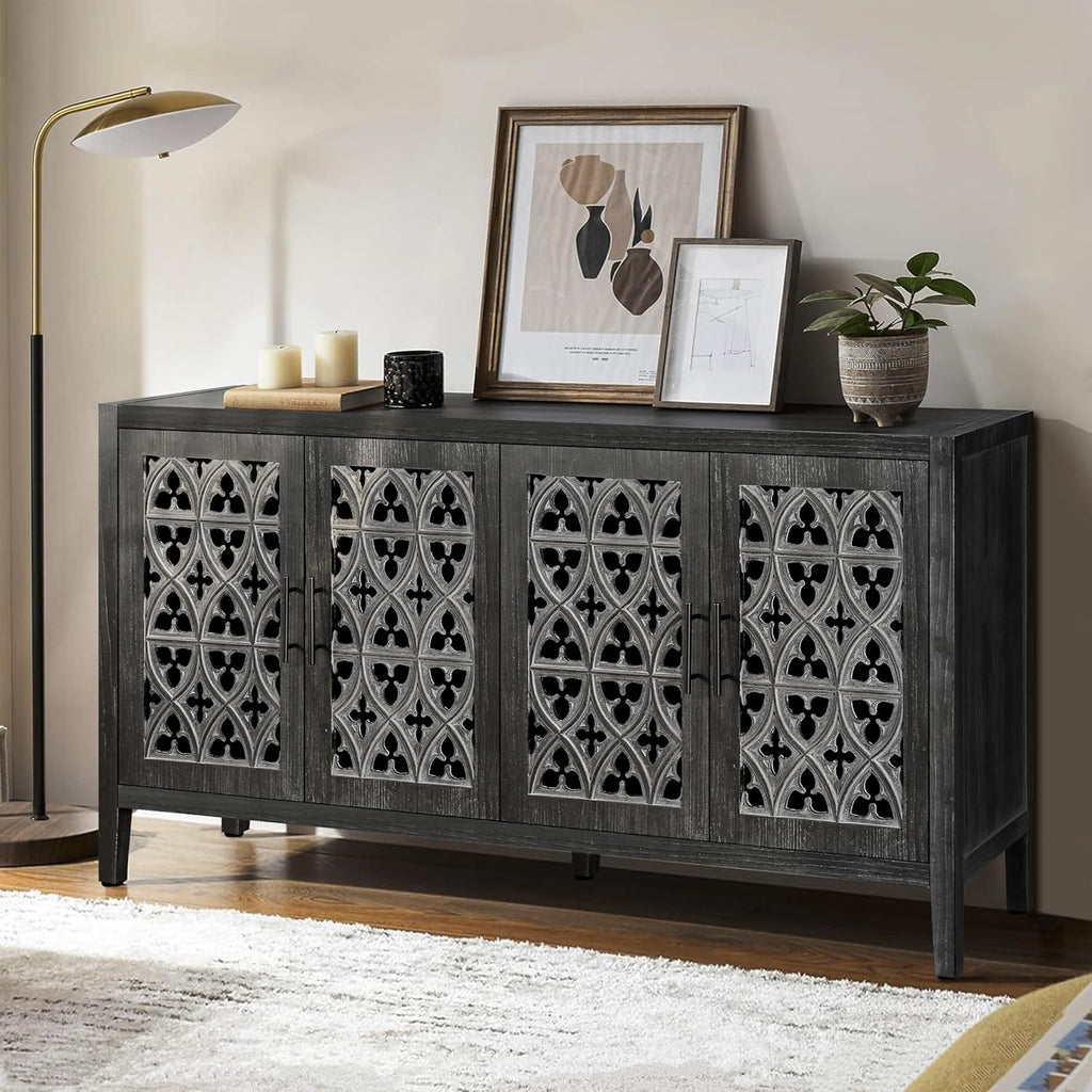 roomfitters Retro TV Stand, Four Door Antique Buffet Cabinet, Rustic Country Style, Ideal for Living Room, Bedroom Kitchen, Black
