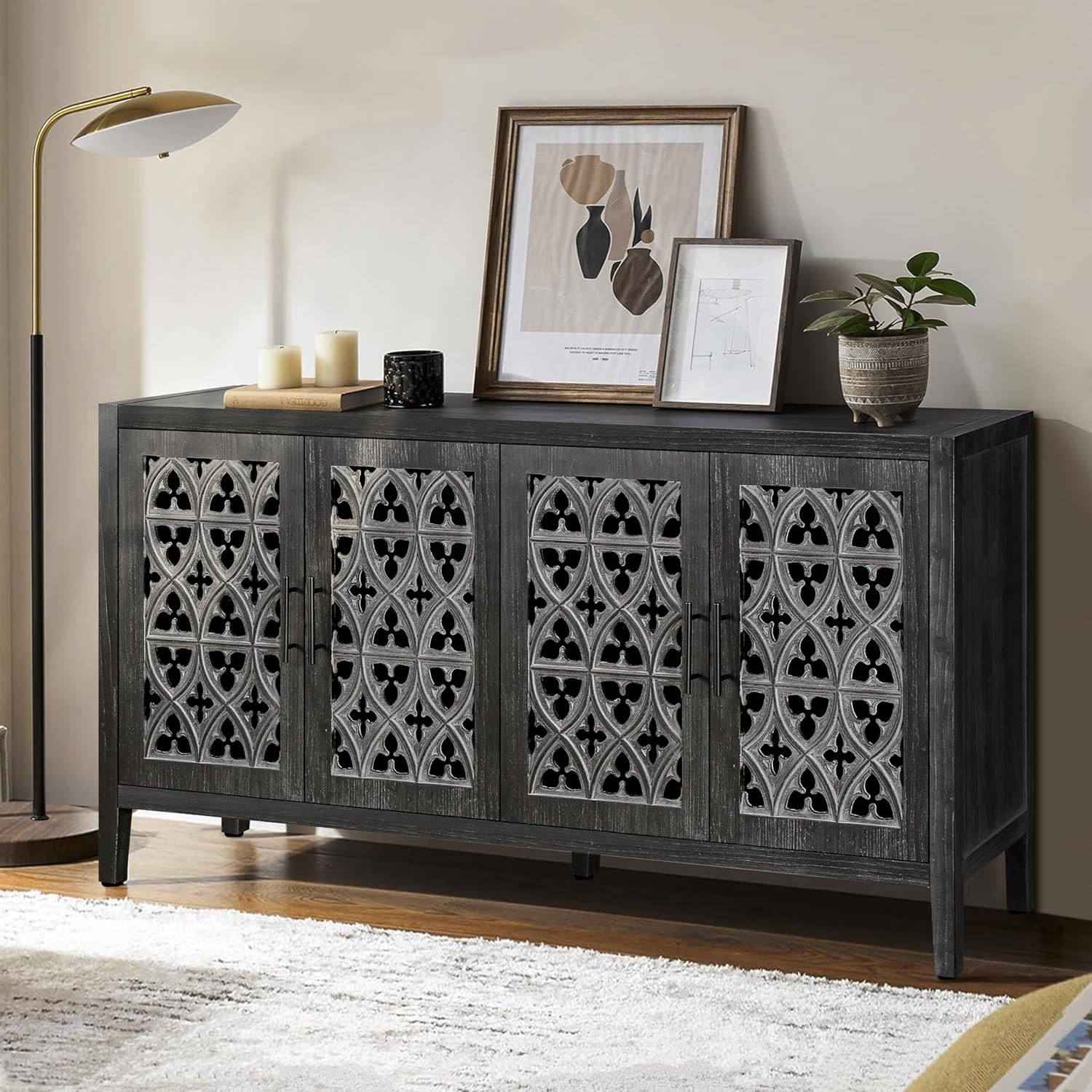roomfitters Retro TV Stand, Four Door Antique Buffet Cabinet, Rustic Country Style, Ideal for Living Room, Bedroom Kitchen, Black